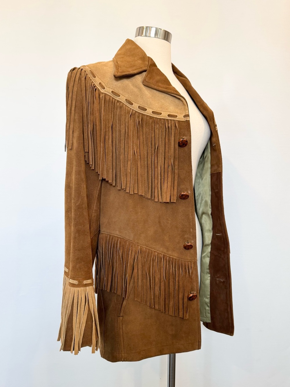 Vintage Pioneer Wear Genuine Leather Suede Fringe Two Tone Brown 70s Jacket Coat - Picture 7 of 12